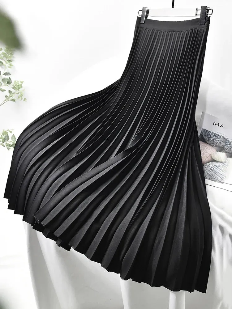 Women's Satin Fashion Designer High Waist Pleated Skirts (Long)