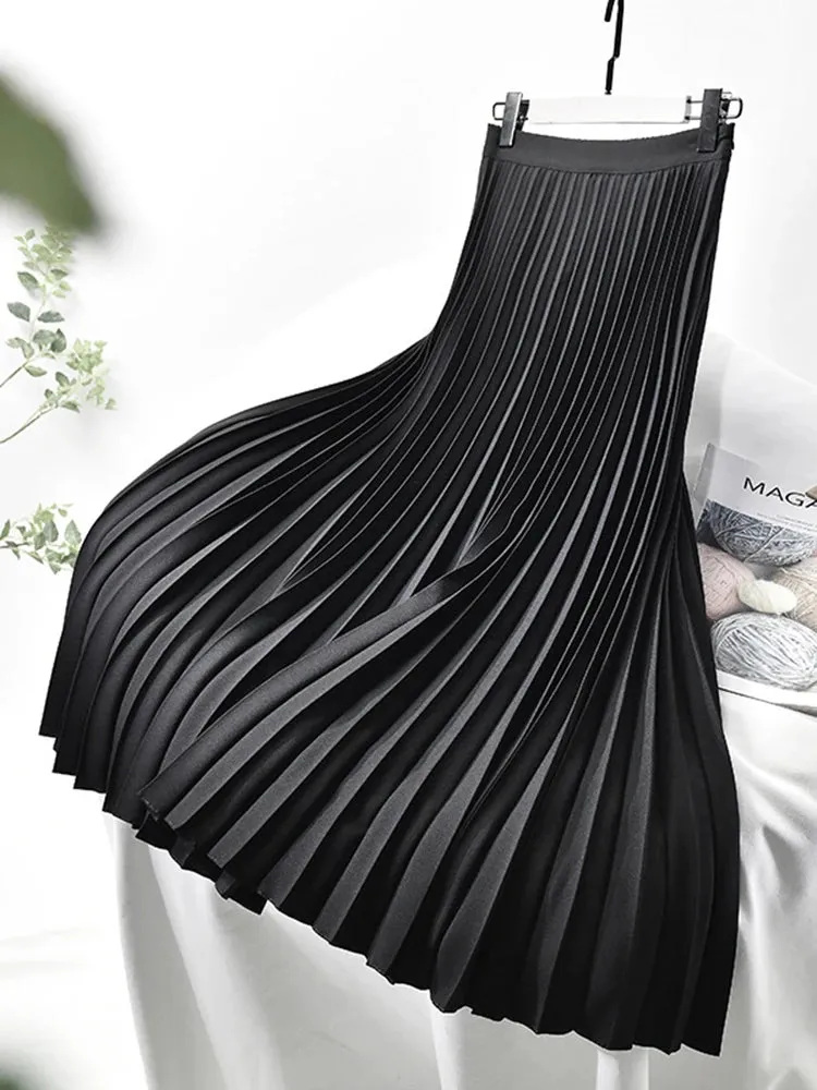 Women's Satin Fashion Designer High Waist Pleated Skirts (Long)