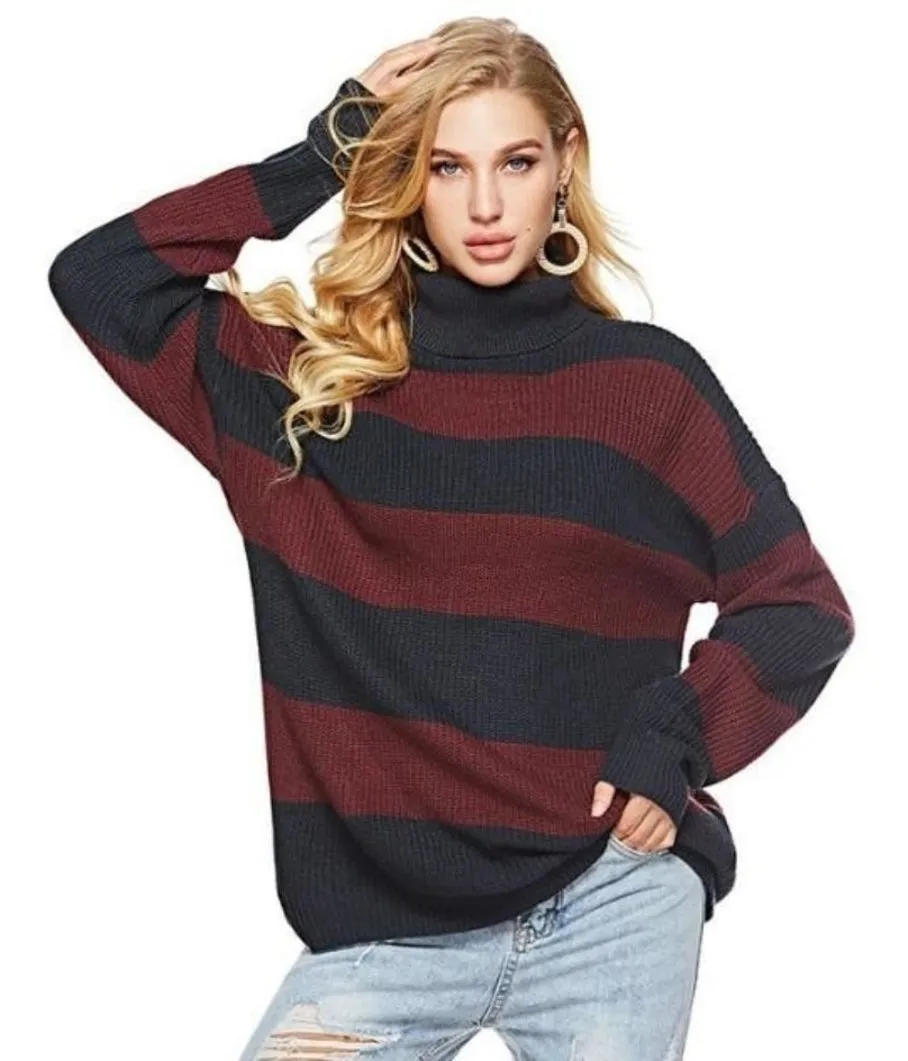 Womens Wide Striped Turtleneck Sweater