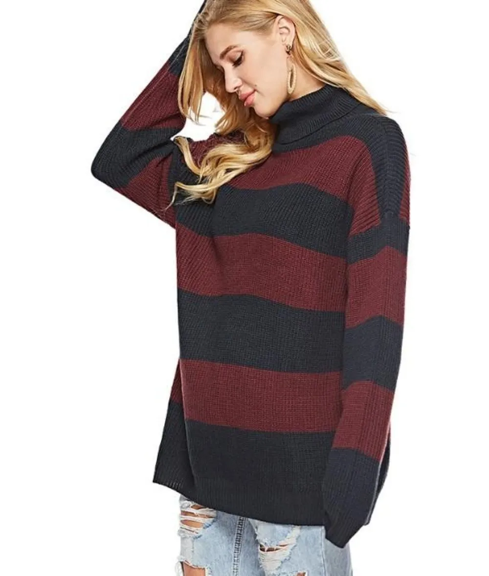 Womens Wide Striped Turtleneck Sweater