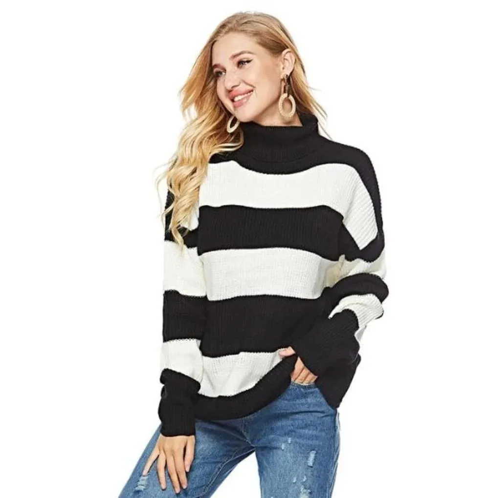 Womens Wide Striped Turtleneck Sweater
