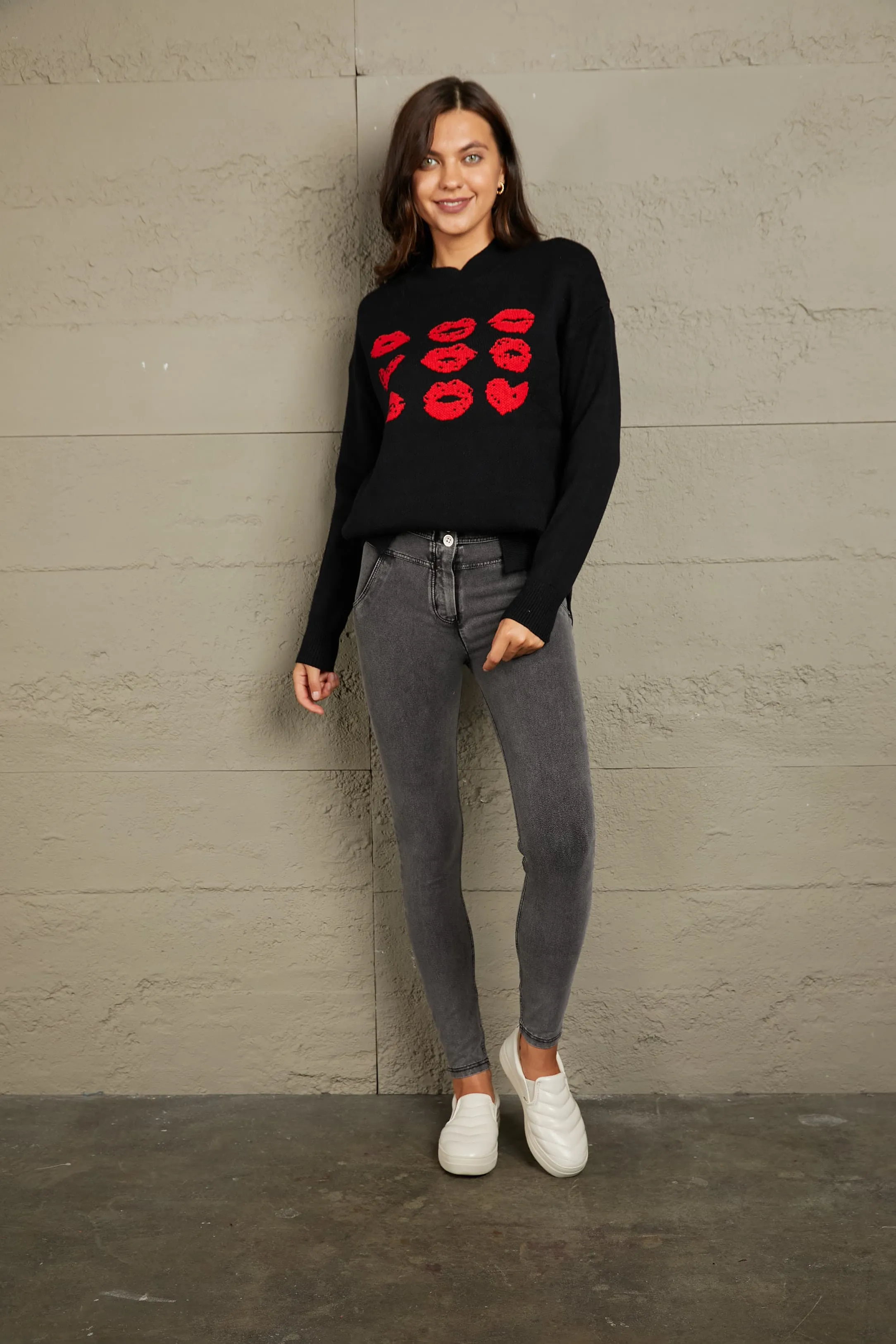 Woven Right Lip Graphic Slit Dropped Shoulder Sweater