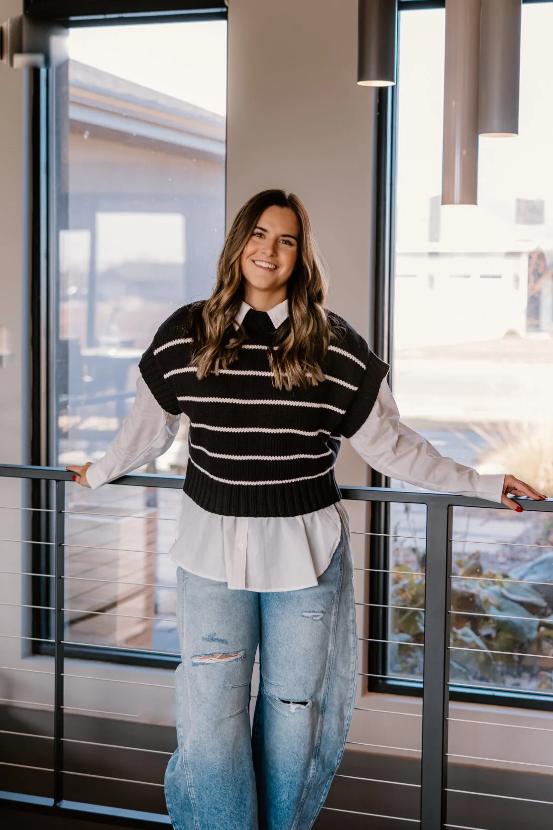 Wynn Striped Sweater Top | Black/Beige