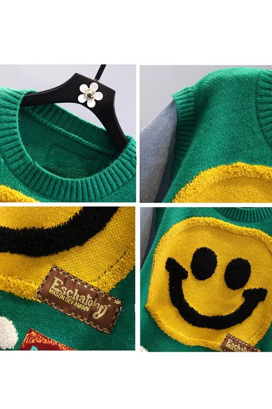 Yellow Smiley Face Denim Sweater