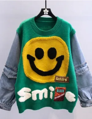 Yellow Smiley Face Denim Sweater