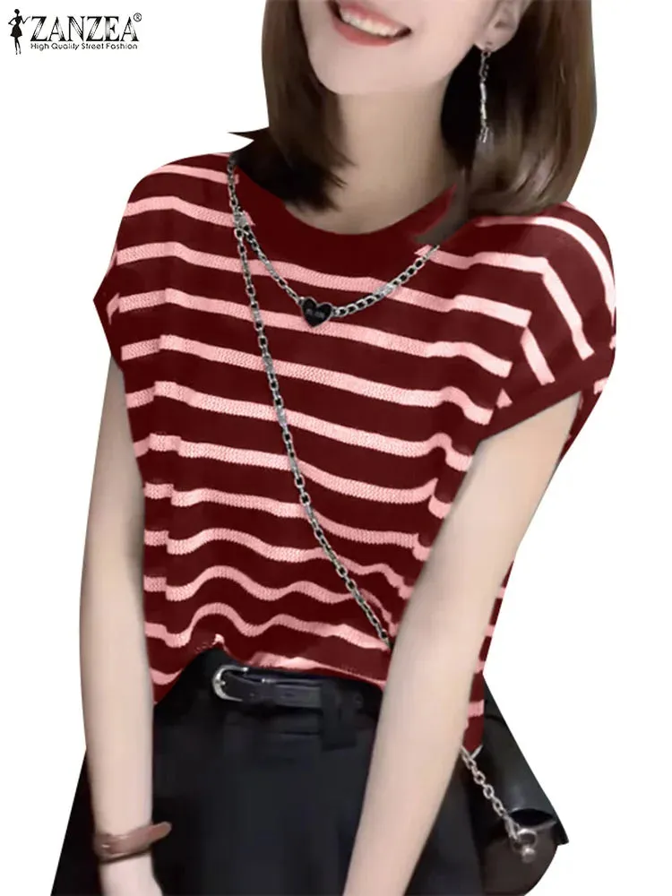 ZANZEA Women Fashion Short Sleeve Striped Blouse Elegant Work Blusas 2024 Korean Stylish T-Shirts Summer Casual Tops Party Shirt