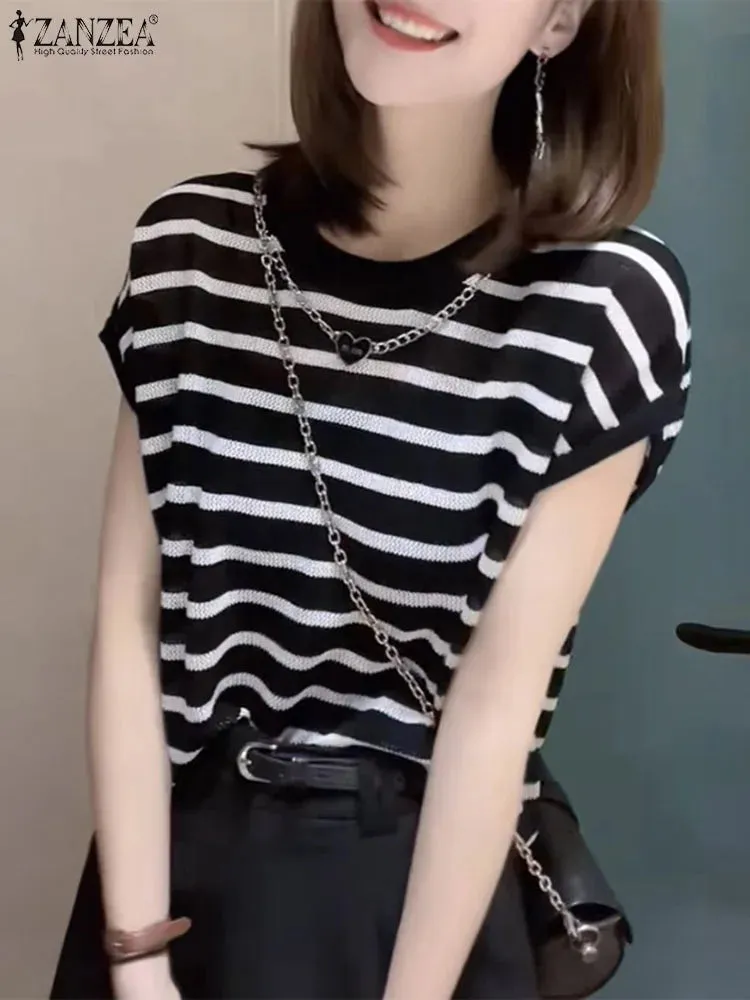 ZANZEA Women Fashion Short Sleeve Striped Blouse Elegant Work Blusas 2024 Korean Stylish T-Shirts Summer Casual Tops Party Shirt